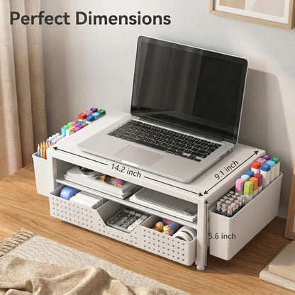 Desk Organizer and Accessories, 2-Tier Computer Monitor Stand Rise with Storage Drawer & 2 Pen Holders, Laptop & Printer Stand for Desktop, Workspace Organizers for Office Supplies (Black)