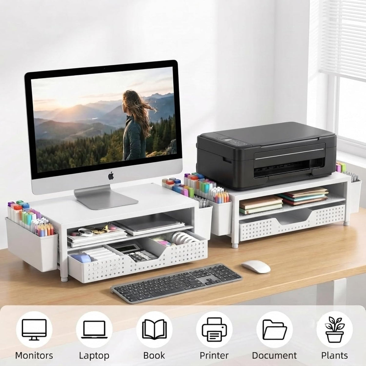 Desk Organizer and Accessories, 2-Tier Computer Monitor Stand Rise with Storage Drawer & 2 Pen Holders, Laptop & Printer Stand for Desktop, Workspace Organizers for Office Supplies (Black)
