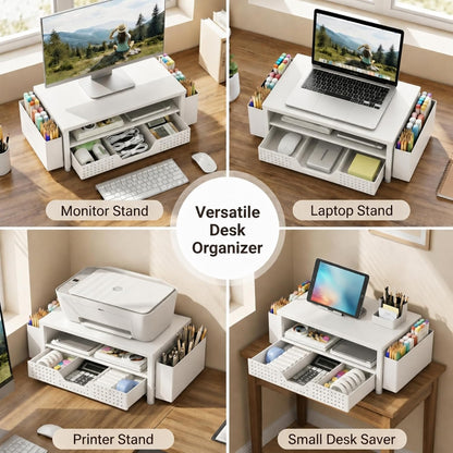 Desk Organizer and Accessories, 2-Tier Computer Monitor Stand Rise with Storage Drawer & 2 Pen Holders, Laptop & Printer Stand for Desktop, Workspace Organizers for Office Supplies (Black)