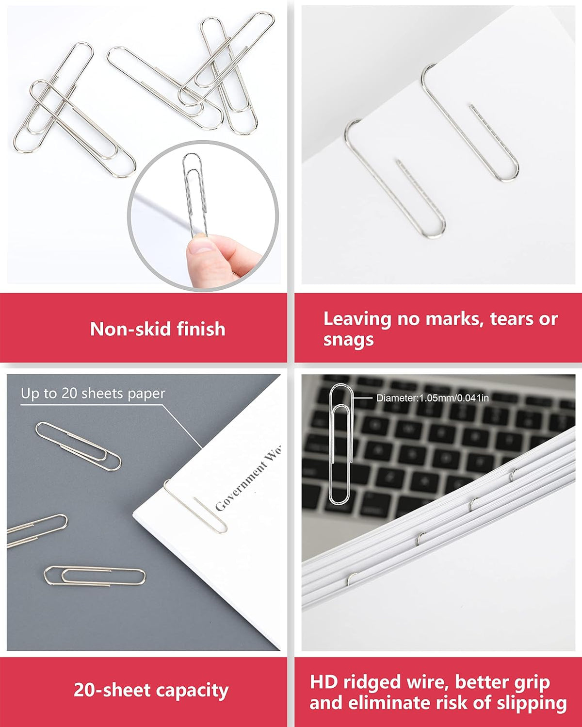 PAPERPAL Paperclips for Office School & Personal Use, #1 Nonskid Paper Clip (1-2/7"), 600 Medium Paper Clips (6 Boxes of 100 Each), Silver