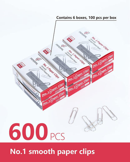 PAPERPAL Paperclips for Office School & Personal Use, #1 Nonskid Paper Clip (1-2/7"), 600 Medium Paper Clips (6 Boxes of 100 Each), Silver