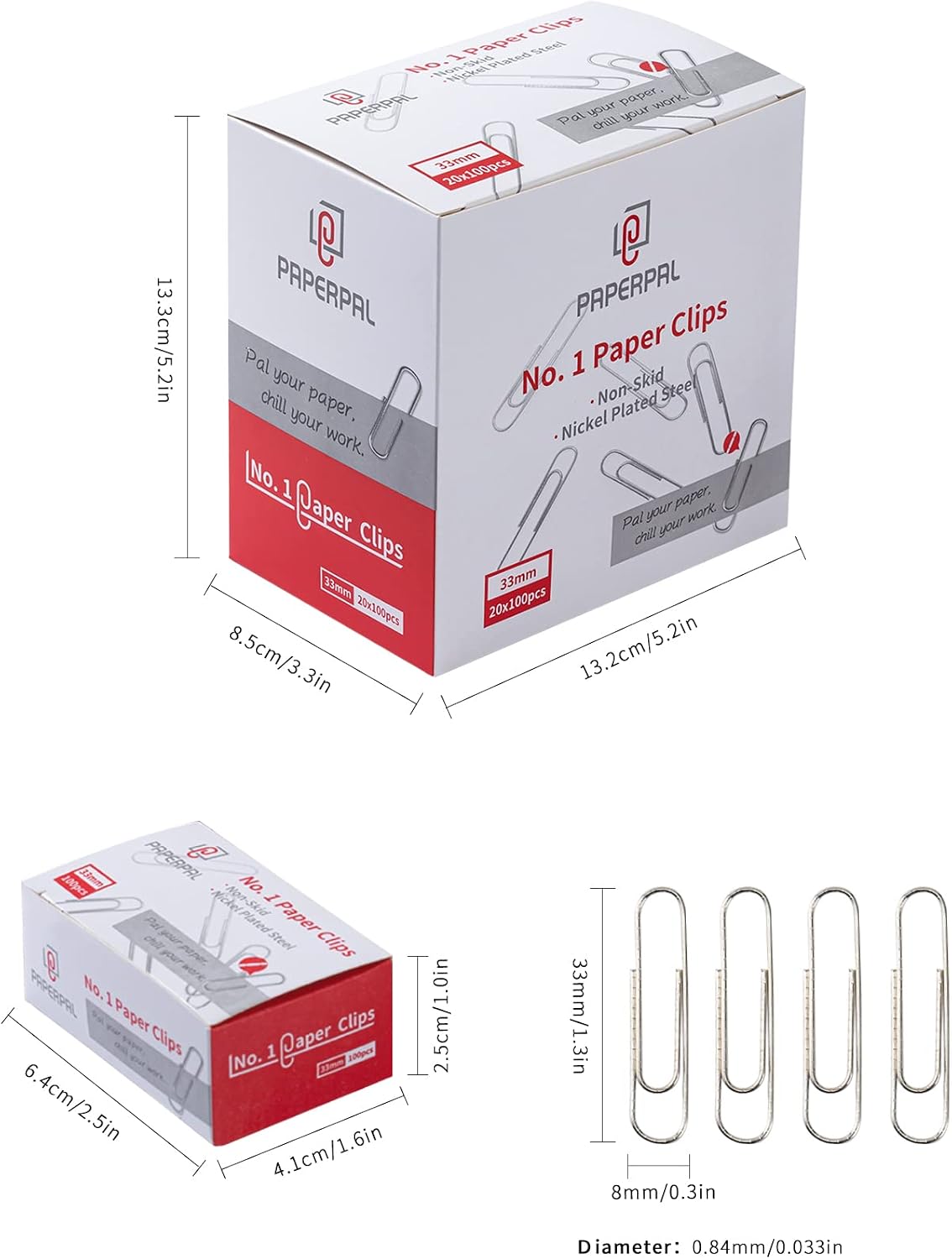 PAPERPAL Paperclips for Office School & Personal Use, #1 Nonskid Paper Clip (1-2/7"), 600 Medium Paper Clips (6 Boxes of 100 Each), Silver