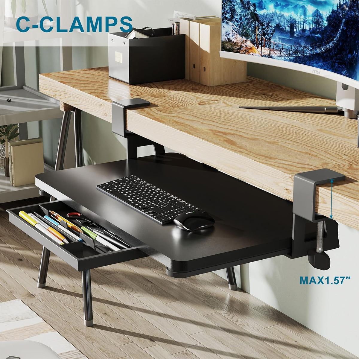 Small Keyboard Tray Under Desk with C-Clamp, 19.7x11.81", Walnut