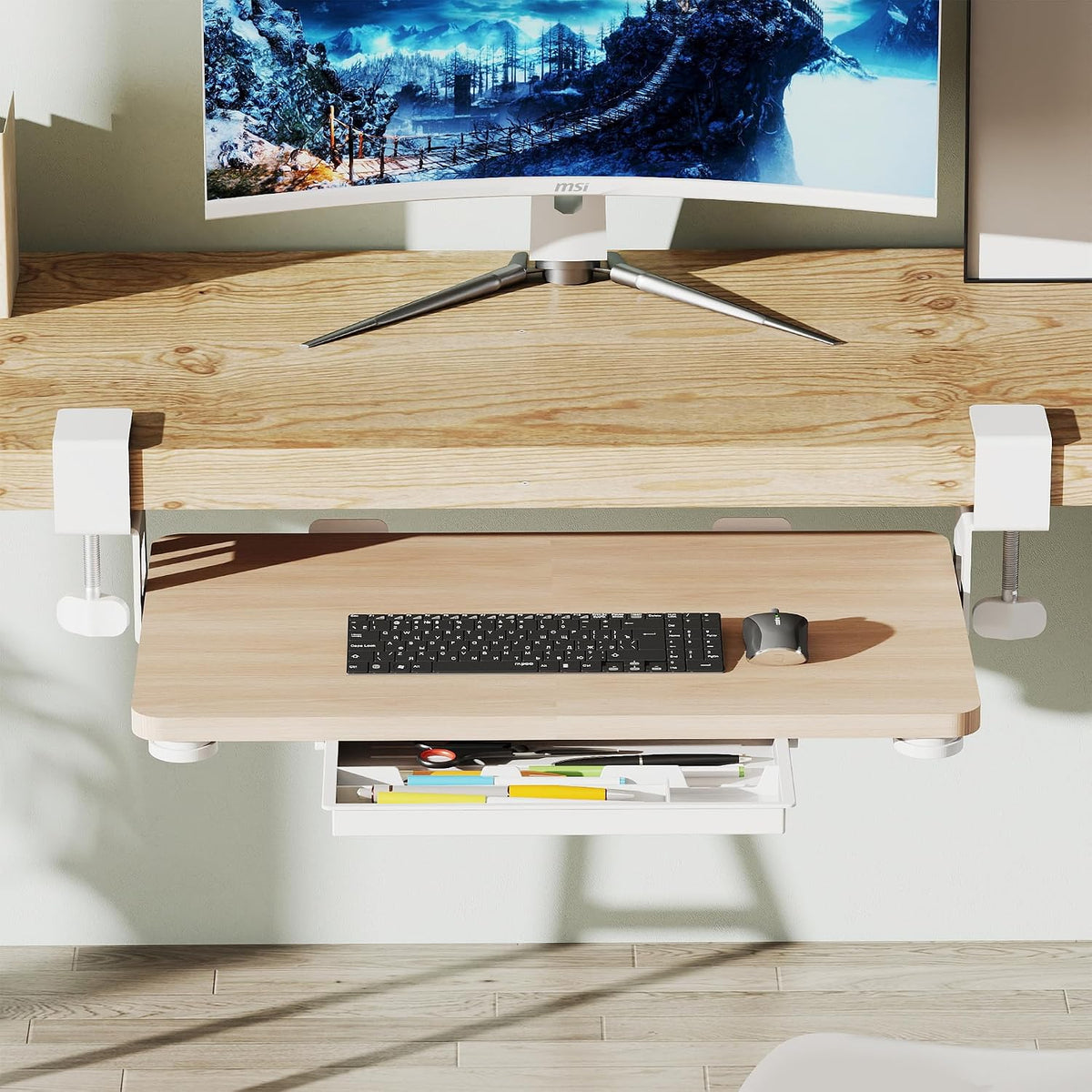 Small Keyboard Tray Under Desk with C-Clamp, 19.7x11.81", Walnut