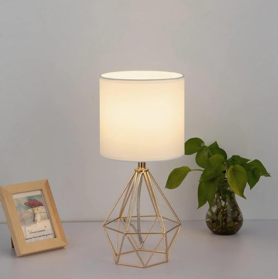 Gold Modern Hollow Out Base Bedroom Small Table Lamp,Bedside Nightstand Lamp with Geometric Metal Base White Fabric Shade,Cute Desk Lamp for Kids Living Room
