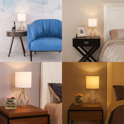 Gold Modern Hollow Out Base Bedroom Small Table Lamp,Bedside Nightstand Lamp with Geometric Metal Base White Fabric Shade,Cute Desk Lamp for Kids Living Room