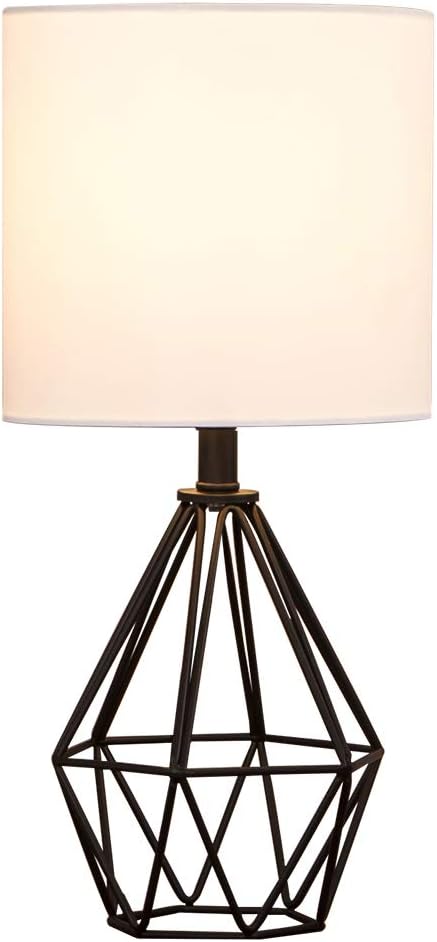 Gold Modern Hollow Out Base Bedroom Small Table Lamp,Bedside Nightstand Lamp with Geometric Metal Base White Fabric Shade,Cute Desk Lamp for Kids Living Room