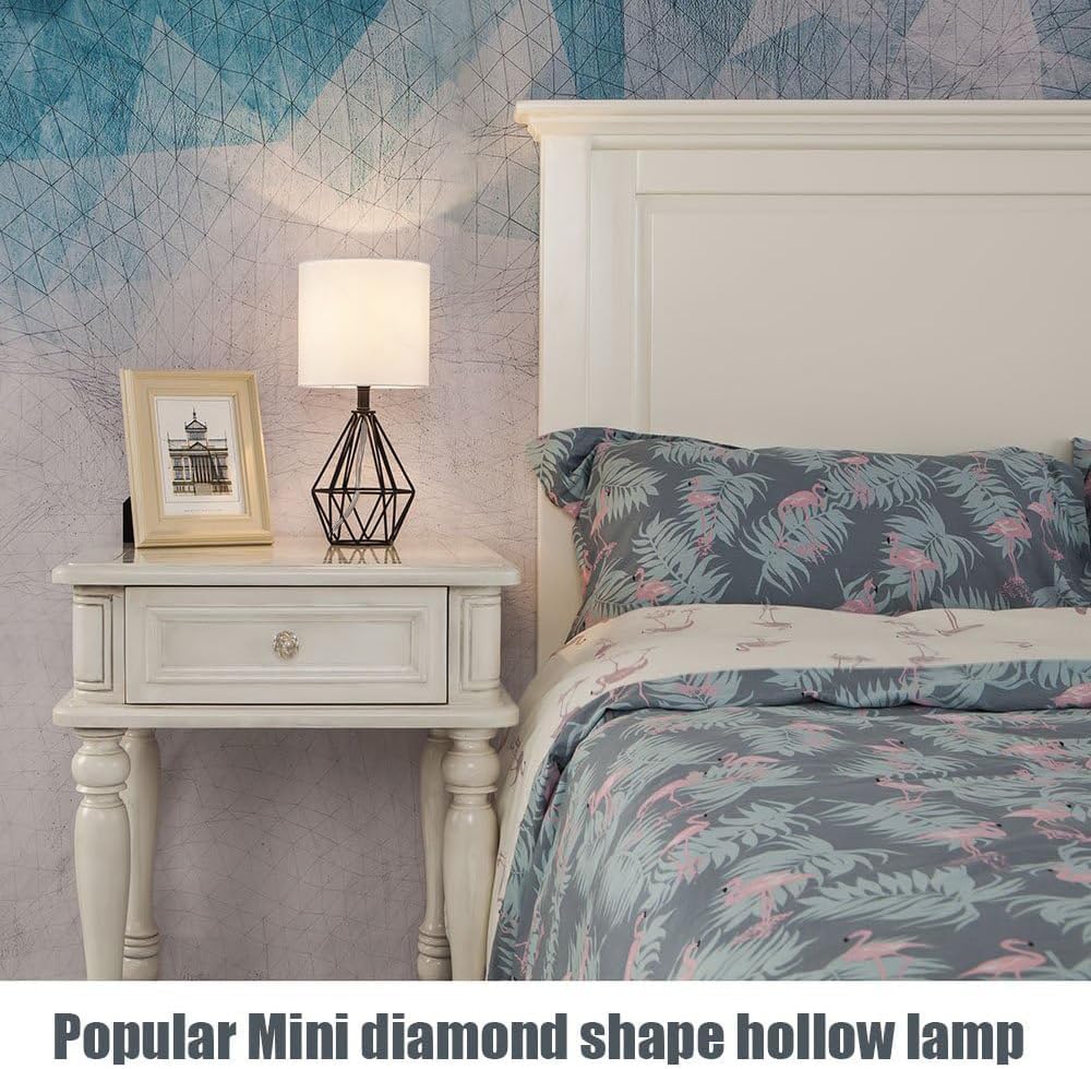 Gold Modern Hollow Out Base Bedroom Small Table Lamp,Bedside Nightstand Lamp with Geometric Metal Base White Fabric Shade,Cute Desk Lamp for Kids Living Room
