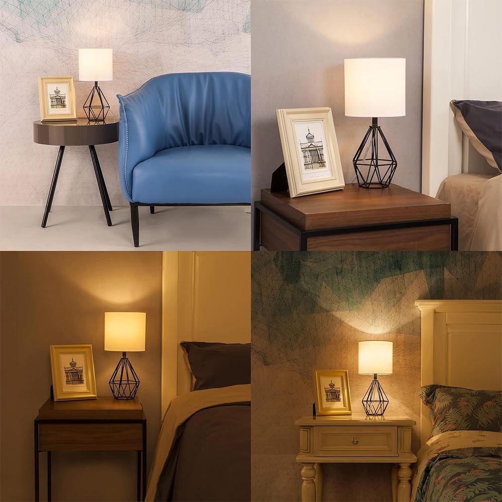Gold Modern Hollow Out Base Bedroom Small Table Lamp,Bedside Nightstand Lamp with Geometric Metal Base White Fabric Shade,Cute Desk Lamp for Kids Living Room