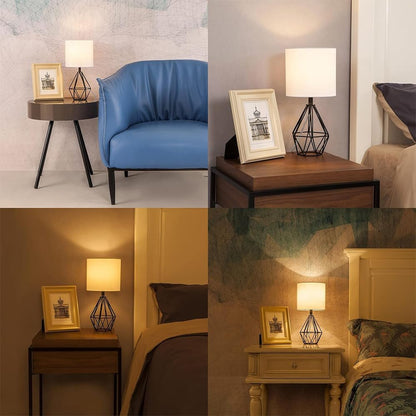 Gold Modern Hollow Out Base Bedroom Small Table Lamp,Bedside Nightstand Lamp with Geometric Metal Base White Fabric Shade,Cute Desk Lamp for Kids Living Room