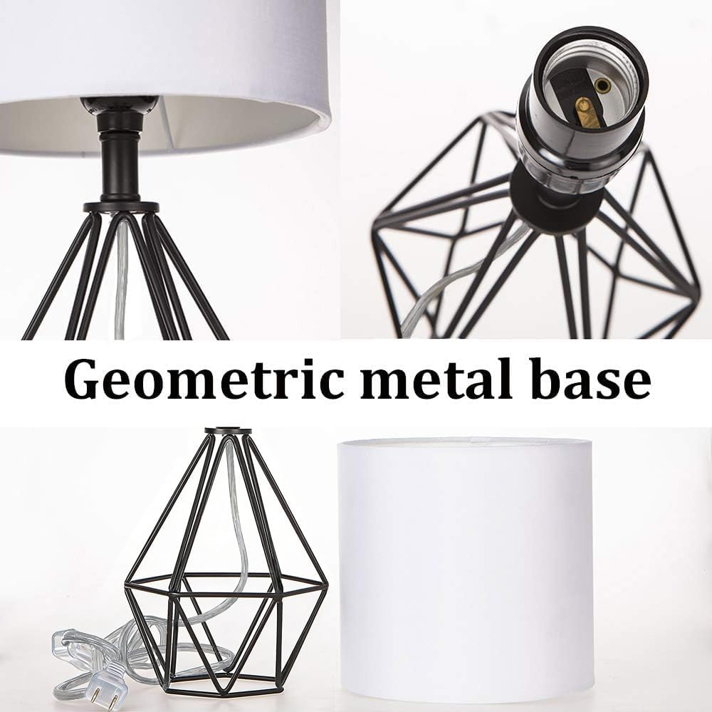 Gold Modern Hollow Out Base Bedroom Small Table Lamp,Bedside Nightstand Lamp with Geometric Metal Base White Fabric Shade,Cute Desk Lamp for Kids Living Room