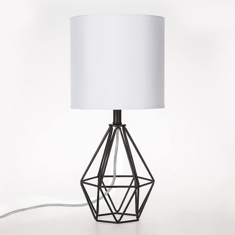 Gold Modern Hollow Out Base Bedroom Small Table Lamp,Bedside Nightstand Lamp with Geometric Metal Base White Fabric Shade,Cute Desk Lamp for Kids Living Room