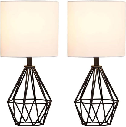 Gold Modern Hollow Out Base Bedroom Small Table Lamp,Bedside Nightstand Lamp with Geometric Metal Base White Fabric Shade,Cute Desk Lamp for Kids Living Room