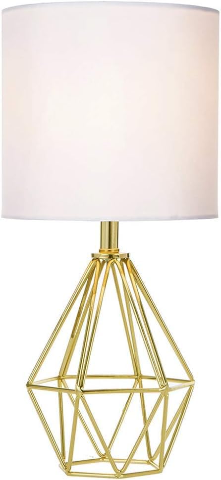 Gold Modern Hollow Out Base Bedroom Small Table Lamp,Bedside Nightstand Lamp with Geometric Metal Base White Fabric Shade,Cute Desk Lamp for Kids Living Room