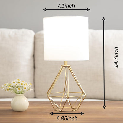 Gold Modern Hollow Out Base Bedroom Small Table Lamp,Bedside Nightstand Lamp with Geometric Metal Base White Fabric Shade,Cute Desk Lamp for Kids Living Room