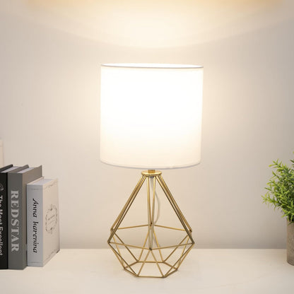Gold Modern Hollow Out Base Bedroom Small Table Lamp,Bedside Nightstand Lamp with Geometric Metal Base White Fabric Shade,Cute Desk Lamp for Kids Living Room