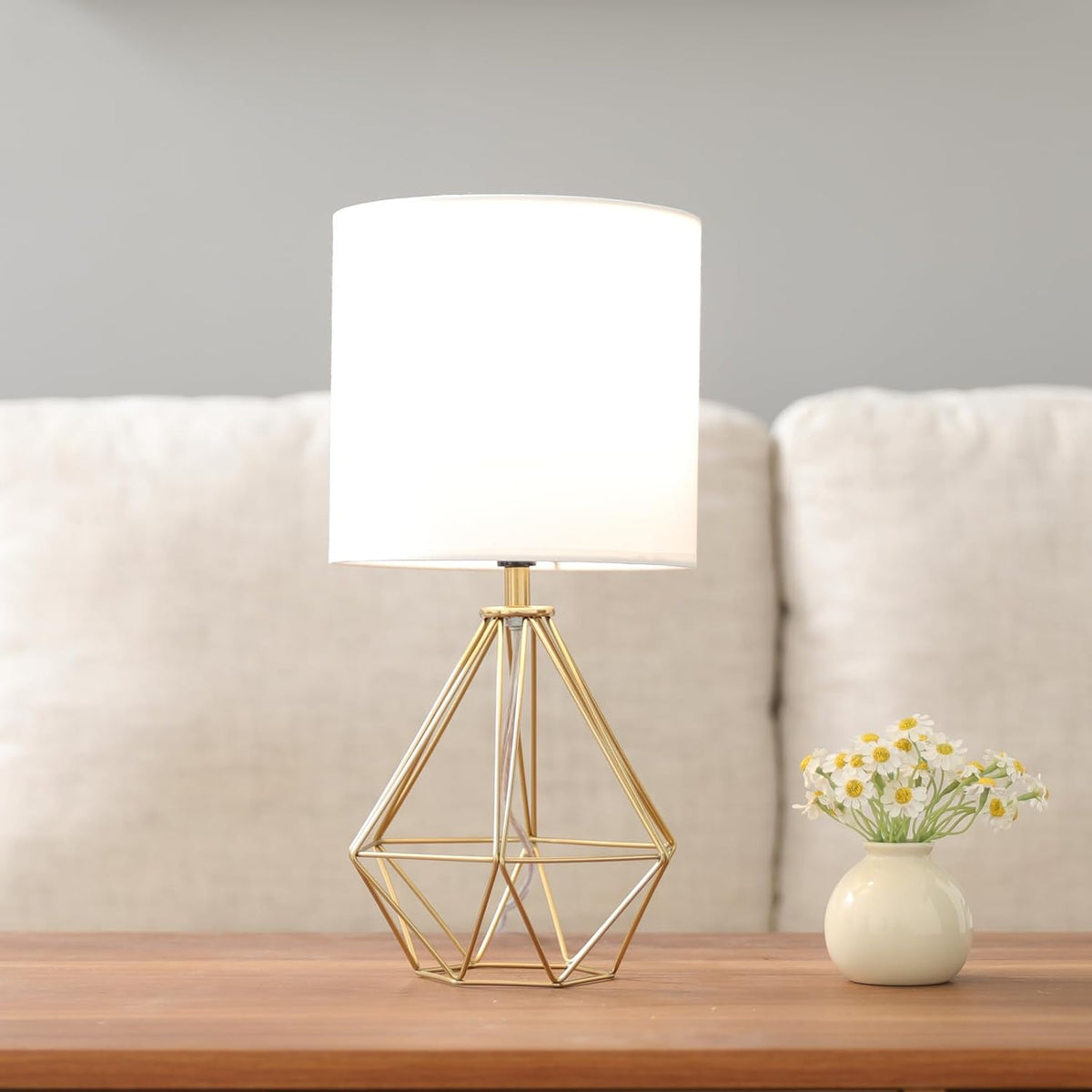 Gold Modern Hollow Out Base Bedroom Small Table Lamp,Bedside Nightstand Lamp with Geometric Metal Base White Fabric Shade,Cute Desk Lamp for Kids Living Room