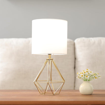 Gold Modern Hollow Out Base Bedroom Small Table Lamp,Bedside Nightstand Lamp with Geometric Metal Base White Fabric Shade,Cute Desk Lamp for Kids Living Room