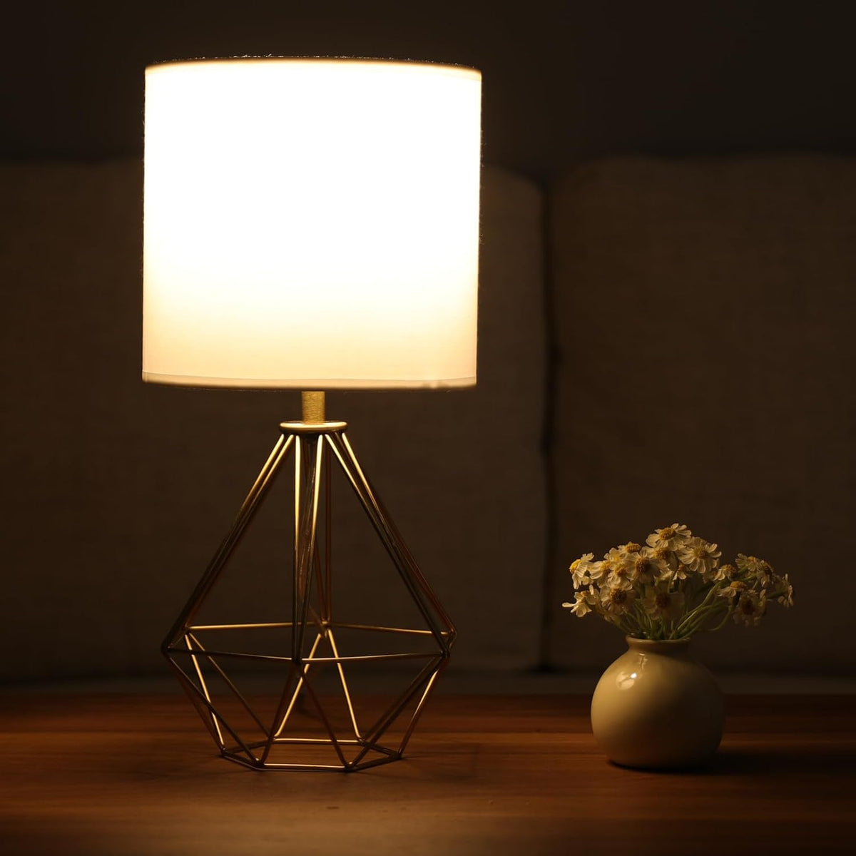 Gold Modern Hollow Out Base Bedroom Small Table Lamp,Bedside Nightstand Lamp with Geometric Metal Base White Fabric Shade,Cute Desk Lamp for Kids Living Room