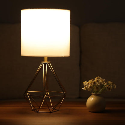 Gold Modern Hollow Out Base Bedroom Small Table Lamp,Bedside Nightstand Lamp with Geometric Metal Base White Fabric Shade,Cute Desk Lamp for Kids Living Room