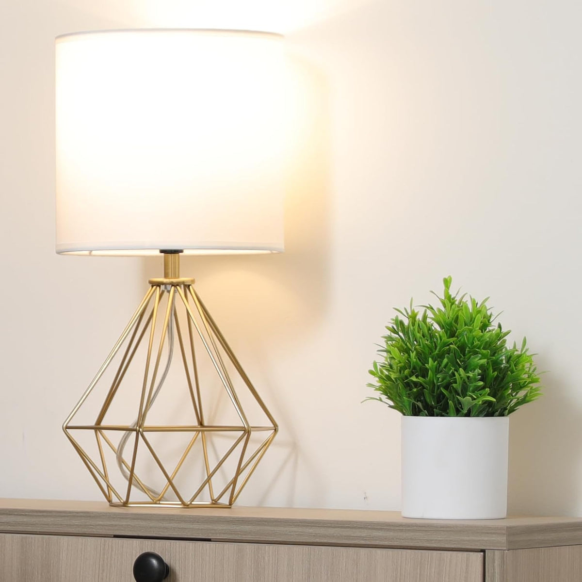 Gold Modern Hollow Out Base Bedroom Small Table Lamp,Bedside Nightstand Lamp with Geometric Metal Base White Fabric Shade,Cute Desk Lamp for Kids Living Room