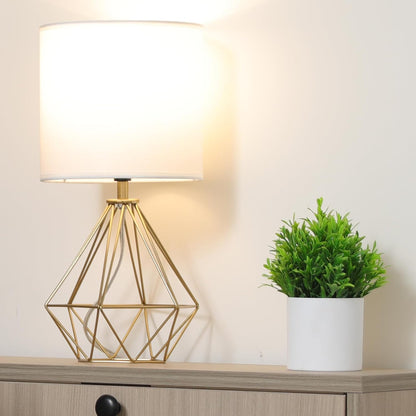 Gold Modern Hollow Out Base Bedroom Small Table Lamp,Bedside Nightstand Lamp with Geometric Metal Base White Fabric Shade,Cute Desk Lamp for Kids Living Room