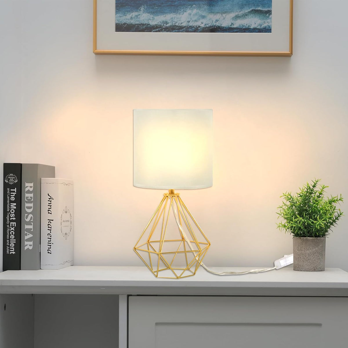 Gold Modern Hollow Out Base Bedroom Small Table Lamp,Bedside Nightstand Lamp with Geometric Metal Base White Fabric Shade,Cute Desk Lamp for Kids Living Room
