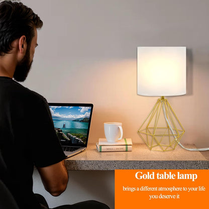 Gold Modern Hollow Out Base Bedroom Small Table Lamp,Bedside Nightstand Lamp with Geometric Metal Base White Fabric Shade,Cute Desk Lamp for Kids Living Room