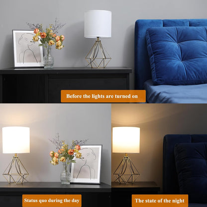 Gold Modern Hollow Out Base Bedroom Small Table Lamp,Bedside Nightstand Lamp with Geometric Metal Base White Fabric Shade,Cute Desk Lamp for Kids Living Room
