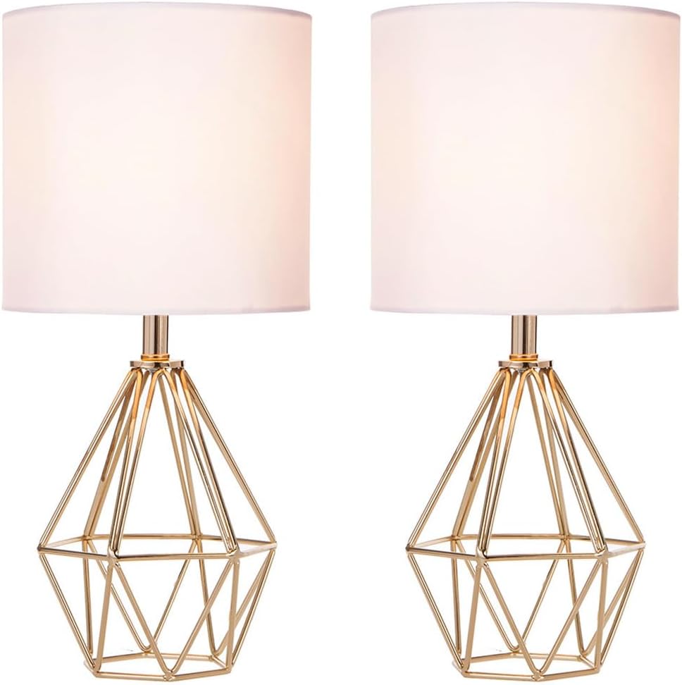 Gold Modern Hollow Out Base Bedroom Small Table Lamp,Bedside Nightstand Lamp with Geometric Metal Base White Fabric Shade,Cute Desk Lamp for Kids Living Room
