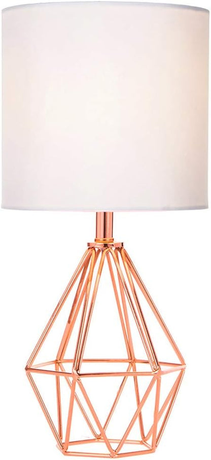 Gold Modern Hollow Out Base Bedroom Small Table Lamp,Bedside Nightstand Lamp with Geometric Metal Base White Fabric Shade,Cute Desk Lamp for Kids Living Room