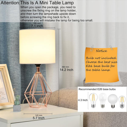 Gold Modern Hollow Out Base Bedroom Small Table Lamp,Bedside Nightstand Lamp with Geometric Metal Base White Fabric Shade,Cute Desk Lamp for Kids Living Room