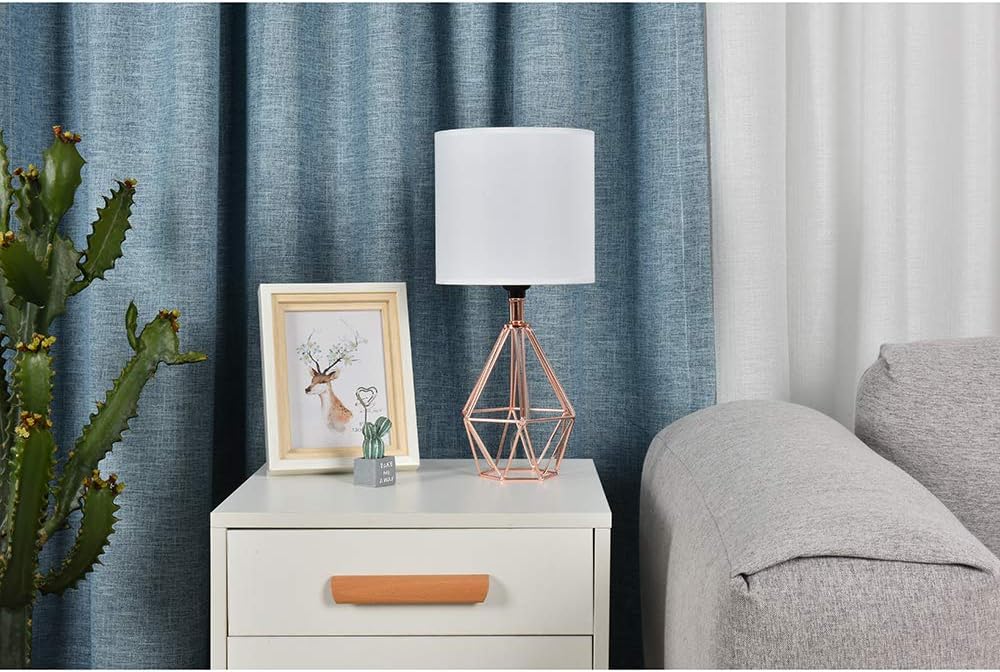 Gold Modern Hollow Out Base Bedroom Small Table Lamp,Bedside Nightstand Lamp with Geometric Metal Base White Fabric Shade,Cute Desk Lamp for Kids Living Room