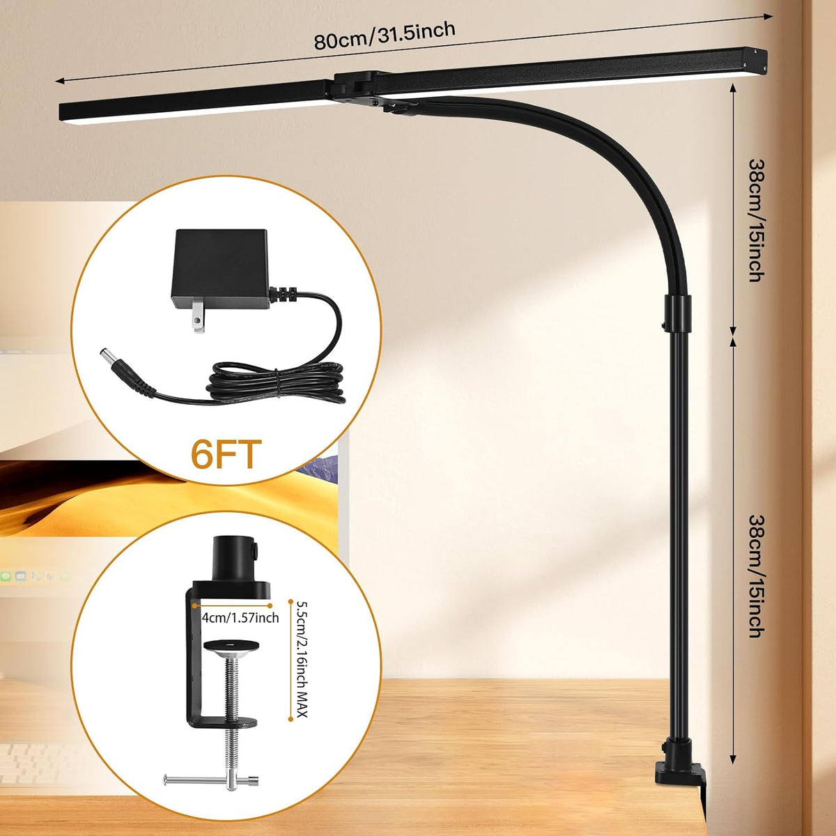 LED Desk Lamp with Clamp, Dual Head Monitor Light, Remote