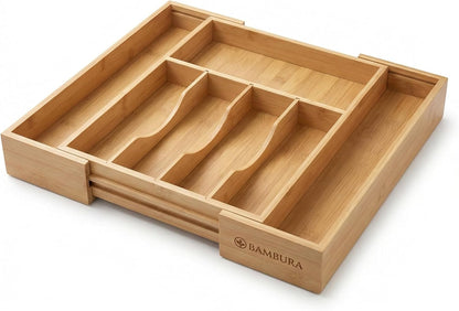 Expandable Bamboo Silverware Drawer Organizer, Utensil Holder Tray