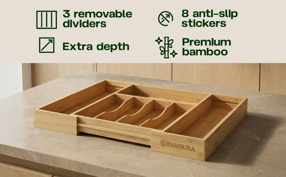Expandable Bamboo Silverware Drawer Organizer, Utensil Holder Tray