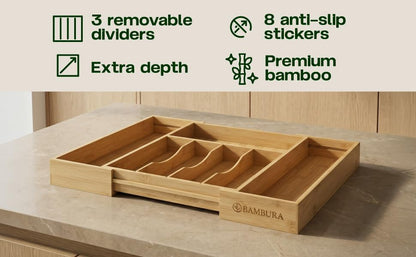 Expandable Bamboo Silverware Drawer Organizer, Utensil Holder Tray