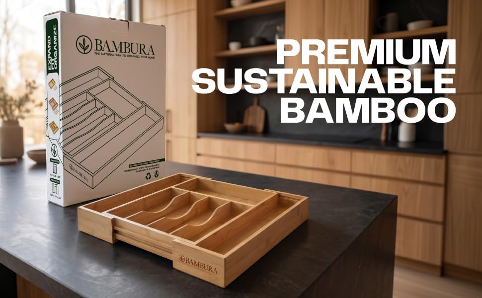 Expandable Bamboo Silverware Drawer Organizer, Utensil Holder Tray