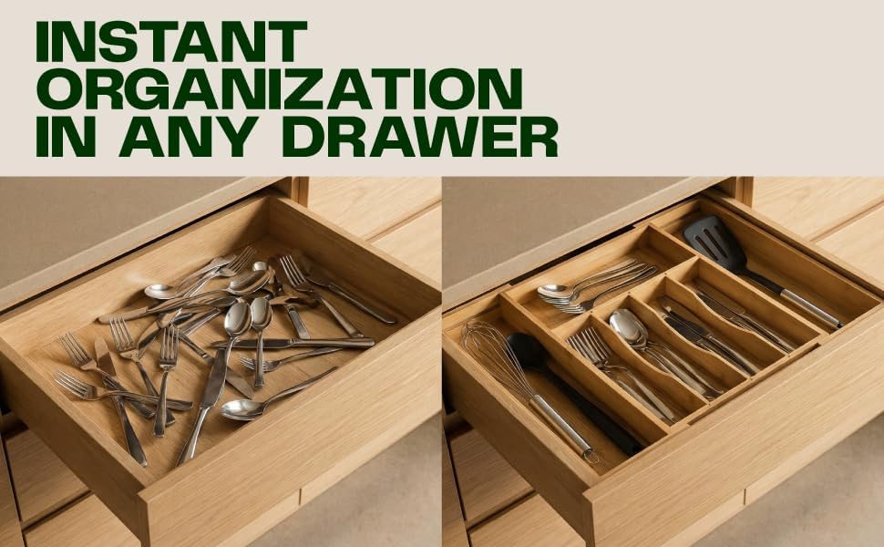 Expandable Bamboo Silverware Drawer Organizer, Utensil Holder Tray