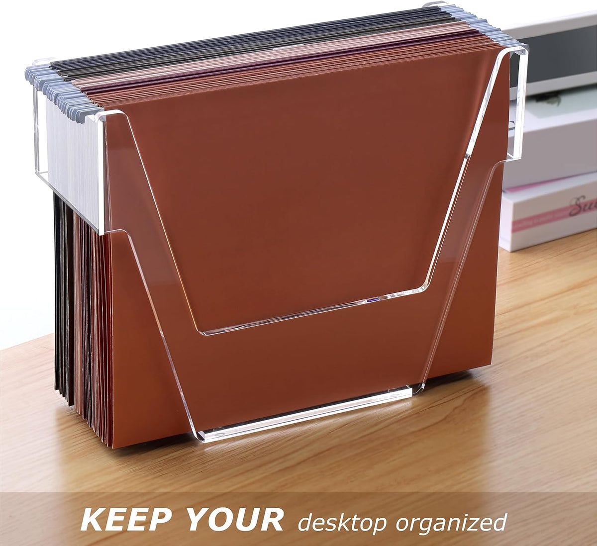 Acrylic File Organizer Box Letter Size Hanging File Organizer, Clear Portable File Folder Box with Handle, Filing Crate Bin Holder for Desk, Office, Home, School - 1 Pack