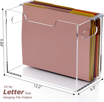 Acrylic File Organizer Box Letter Size Hanging File Organizer, Clear Portable File Folder Box with Handle, Filing Crate Bin Holder for Desk, Office, Home, School - 1 Pack