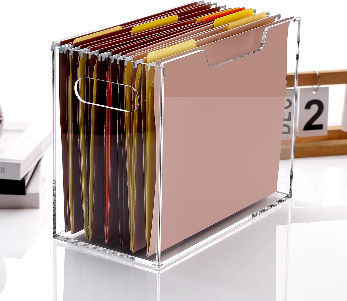 Acrylic File Organizer Box Letter Size Hanging File Organizer, Clear Portable File Folder Box with Handle, Filing Crate Bin Holder for Desk, Office, Home, School - 1 Pack