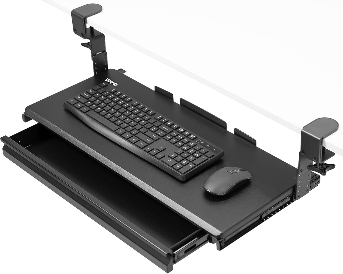 Black Clamp-on 27x11 in Keyboard Tray, Storage Drawer, MOUNT-KB05HB-DR