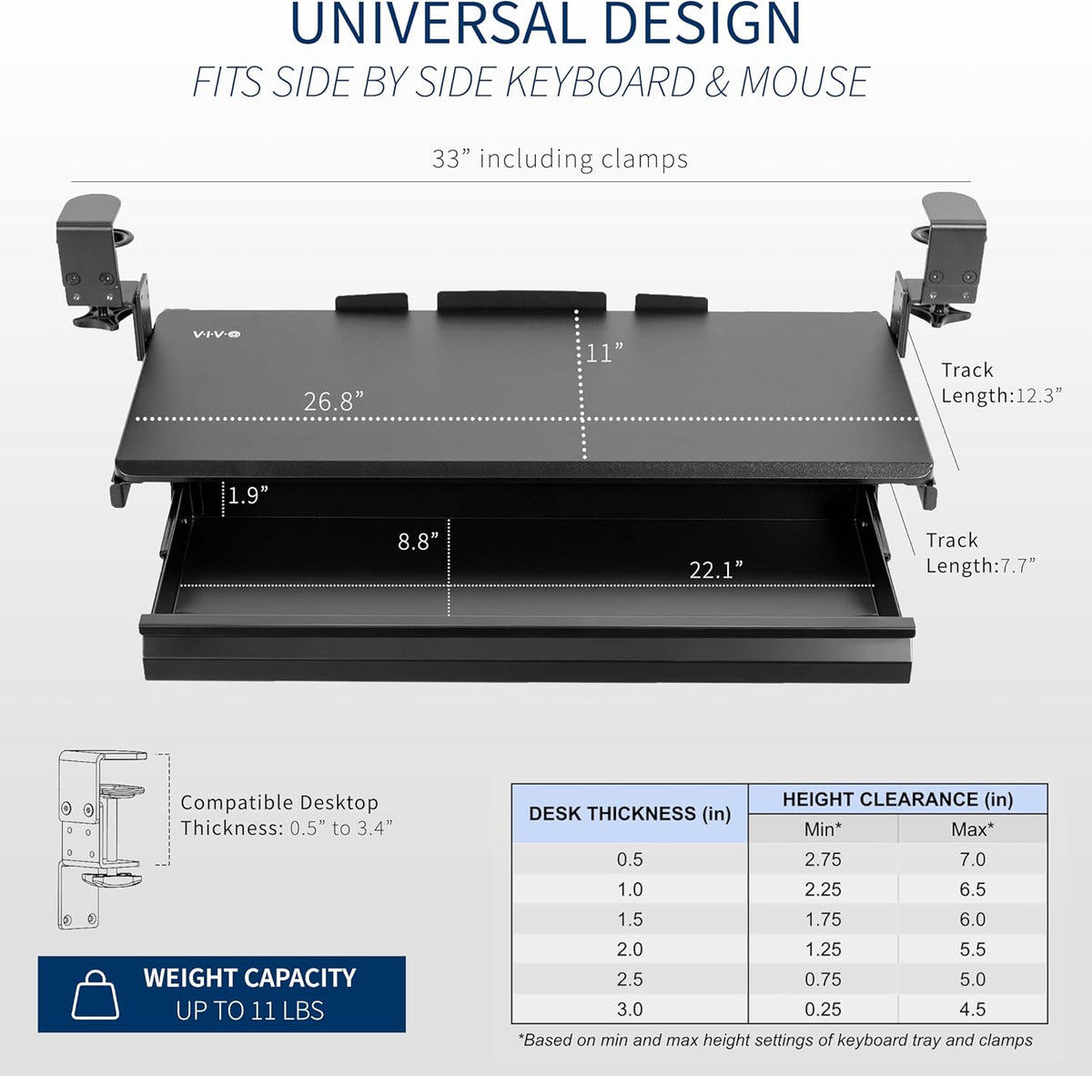 Black Clamp-on 27x11 in Keyboard Tray, Storage Drawer, MOUNT-KB05HB-DR