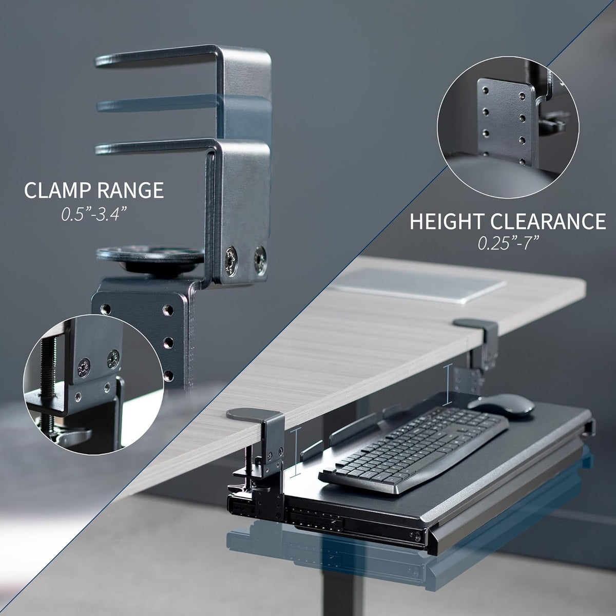 Black Clamp-on 27x11 in Keyboard Tray, Storage Drawer, MOUNT-KB05HB-DR