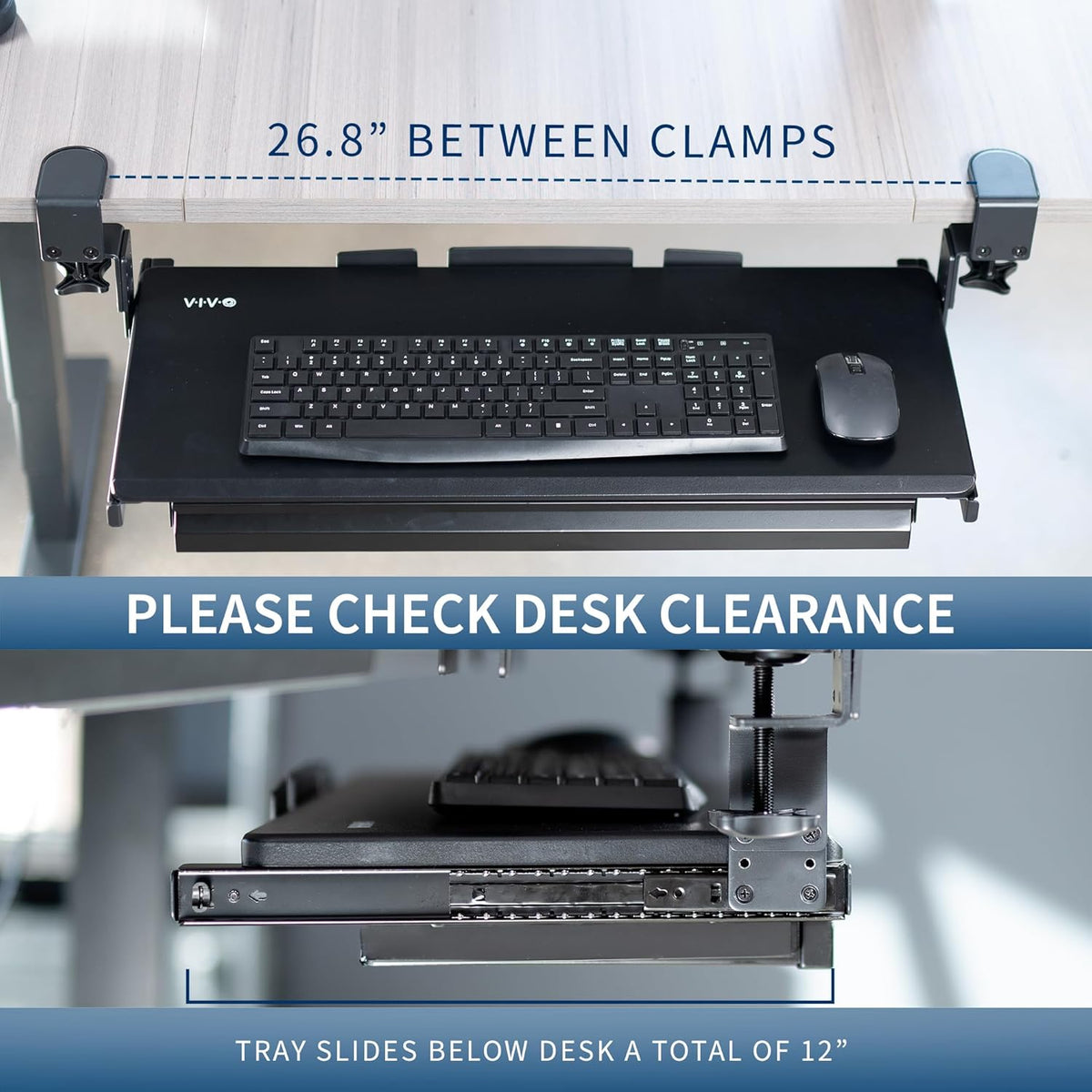 Black Clamp-on 27x11 in Keyboard Tray, Storage Drawer, MOUNT-KB05HB-DR