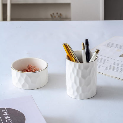 Ceramic Aesthetic Pen Holder for Desk Cute White Pencil Holder Cup Pot Desk Organizer Office Supplies - Stylish Office Decor, Makeup Brush Holder,Toothbrush Holder (White)