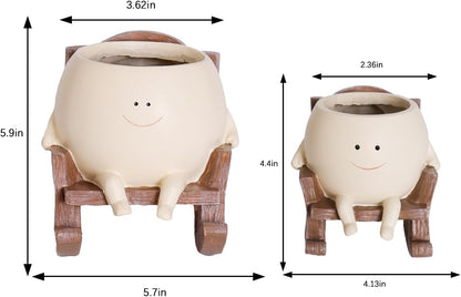 Smily Face Planter Pot Cute Resin Flower Head Planters for Indoor Outdoor Unique Sit Rocking Chair Succulent Pots Gift IdeaI for Mother and Appreciation Christmas with Drainage Hole