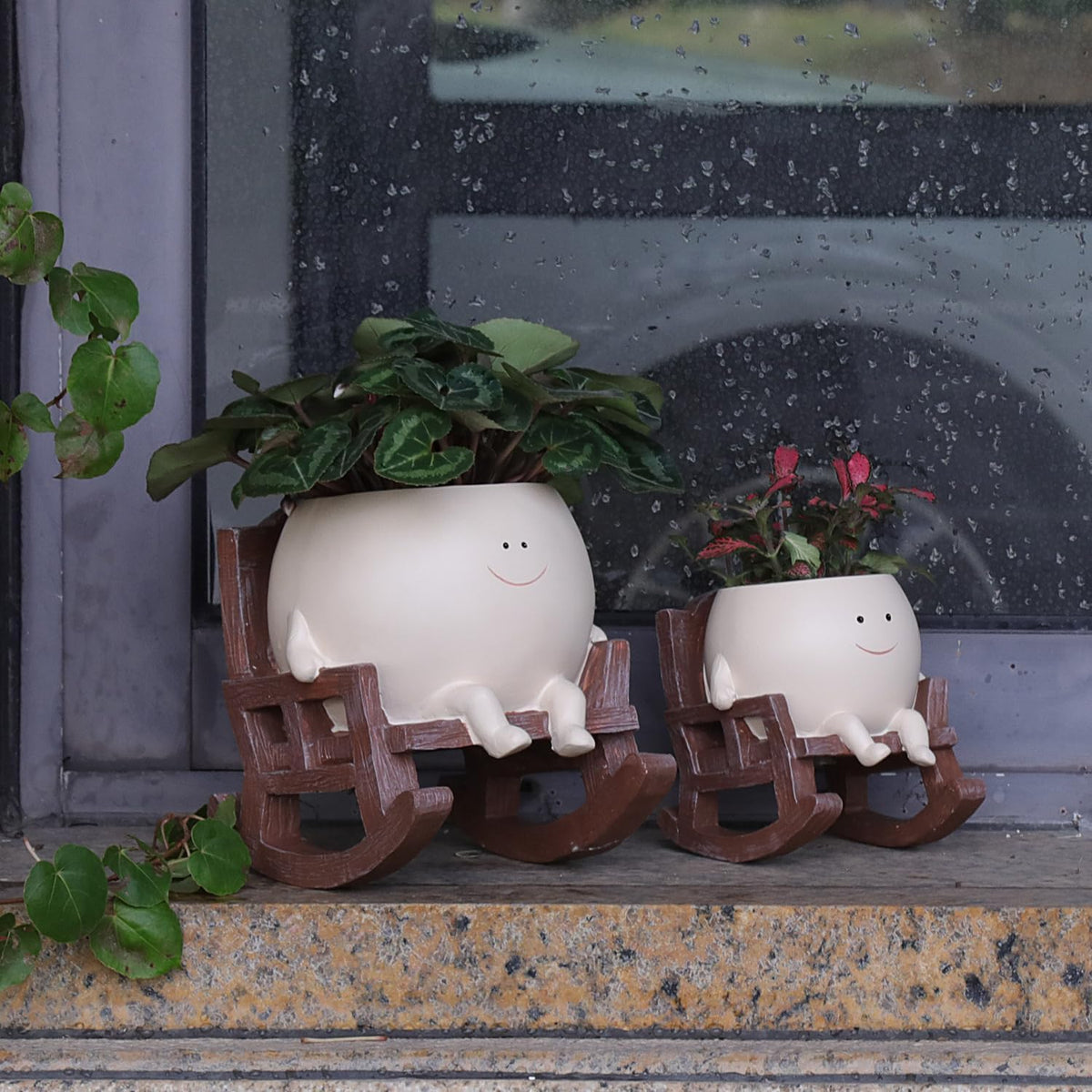 Smily Face Planter Pot Cute Resin Flower Head Planters for Indoor Outdoor Unique Sit Rocking Chair Succulent Pots Gift IdeaI for Mother and Appreciation Christmas with Drainage Hole