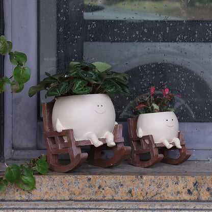 Smily Face Planter Pot Cute Resin Flower Head Planters for Indoor Outdoor Unique Sit Rocking Chair Succulent Pots Gift IdeaI for Mother and Appreciation Christmas with Drainage Hole